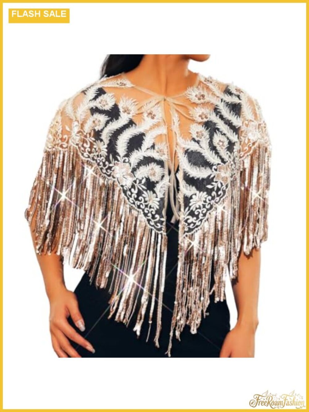 Sequin Shawl Wrap Evening Dress 1920s Lace Fringe Champagne Cape